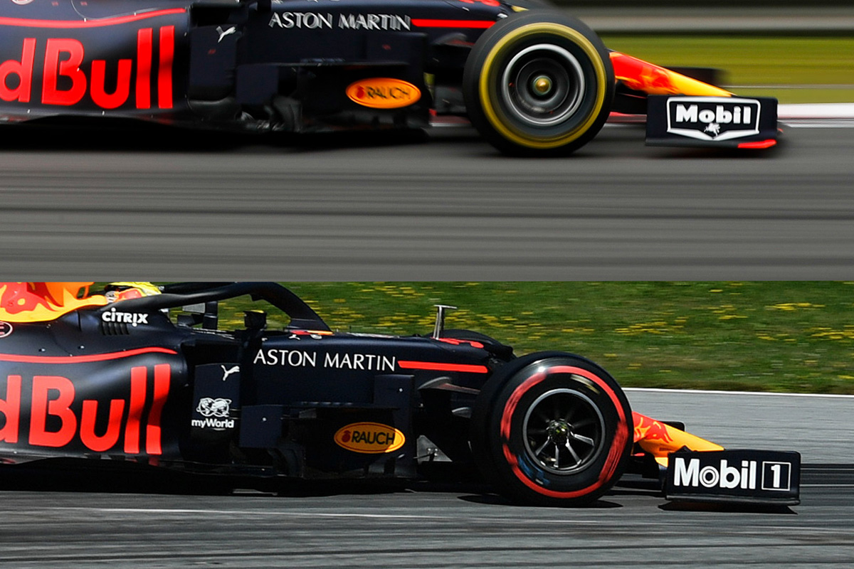 マックス・フェルスタッペンのレッドブル・ホンダ RB15：上図は中国でのフロントウイング。下図はオーストリアでアップデートされたフロントウイング。