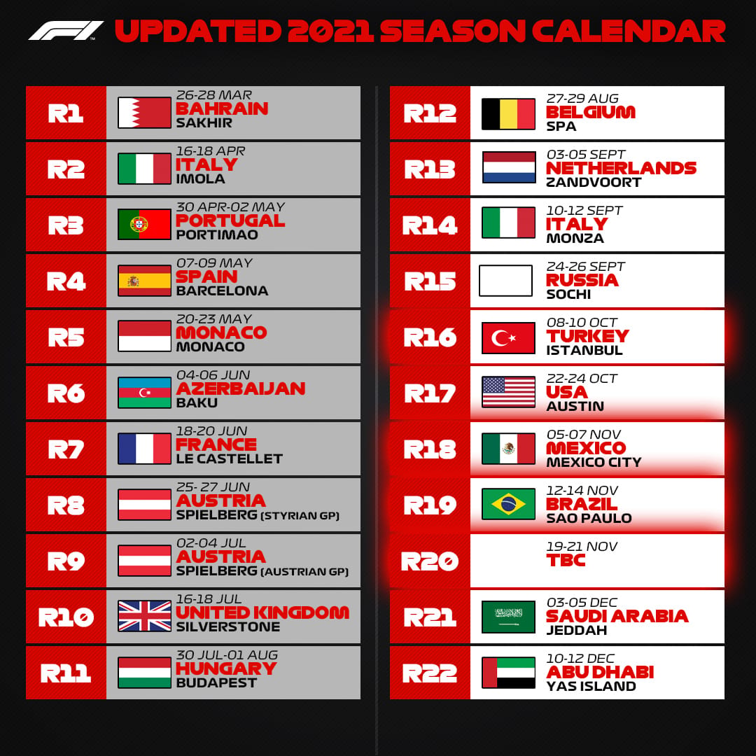 F1、日本GP中止で22戦に縮小の2021年改訂版F1カレンダーを発表