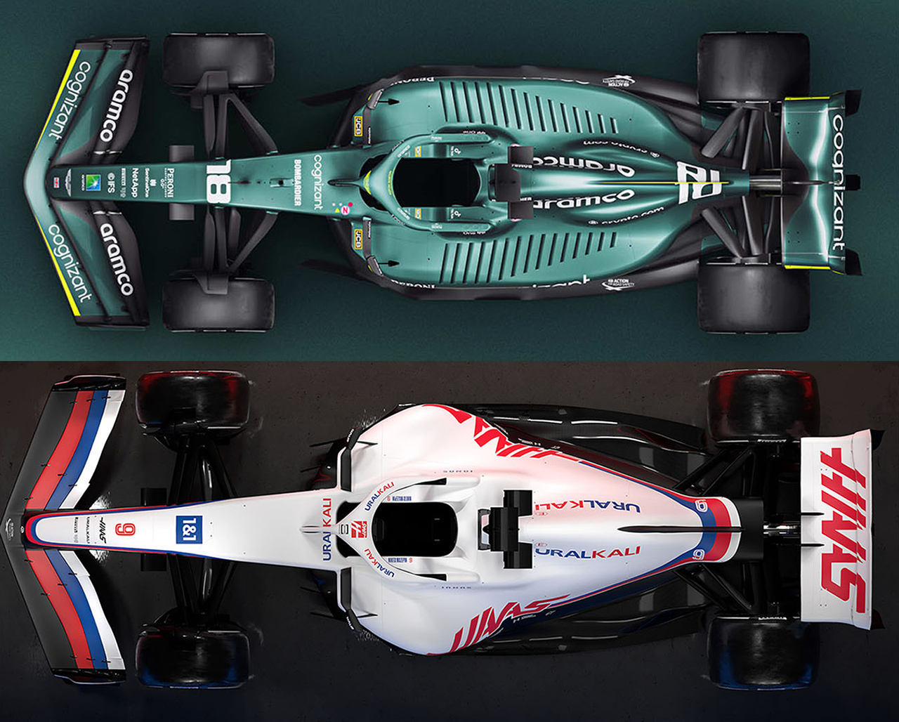 アストンマーティン AMR22(上)とハース VF-22(下)