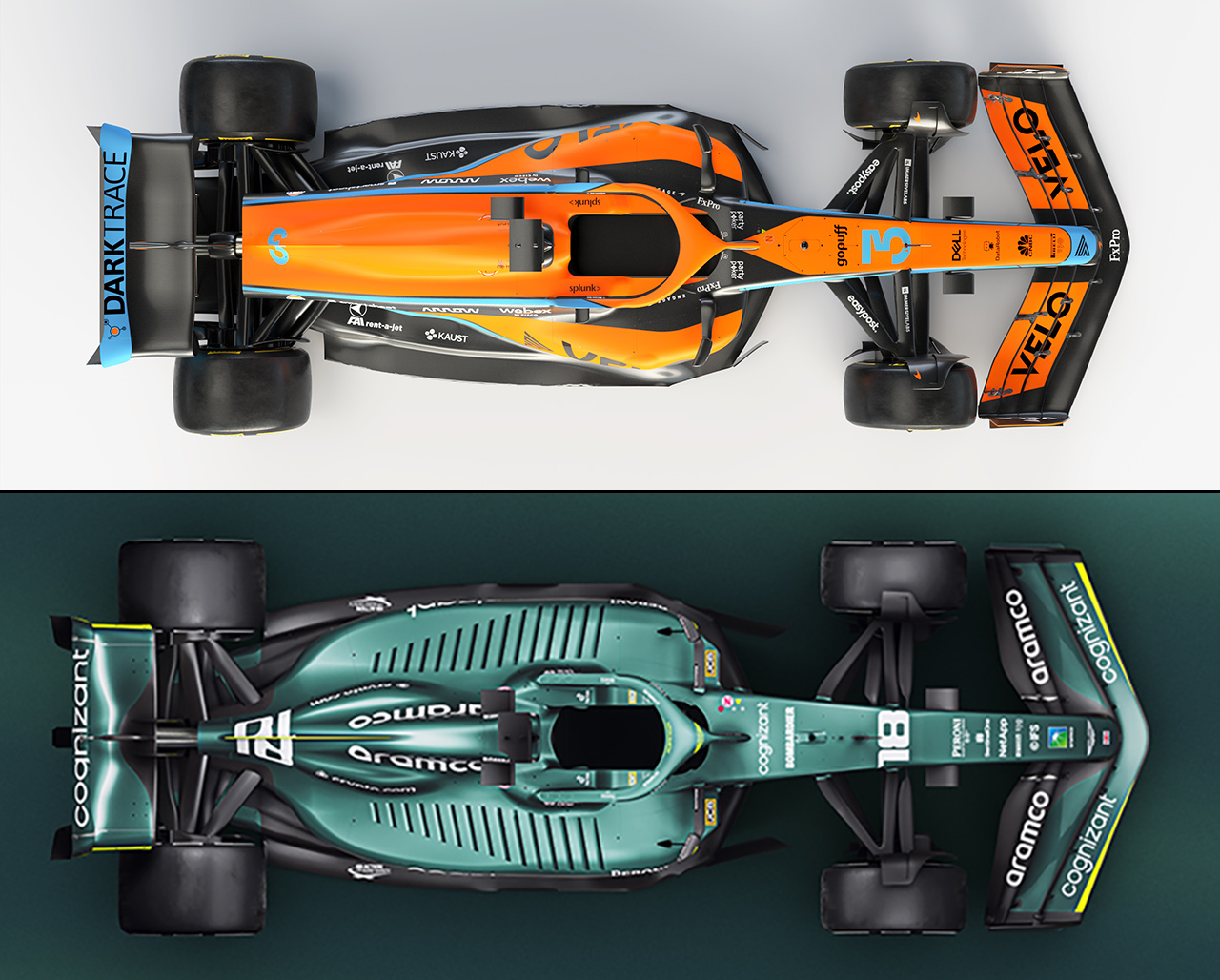 マクラーレン MCL36(上)とアストンマーティン AMR22(下)