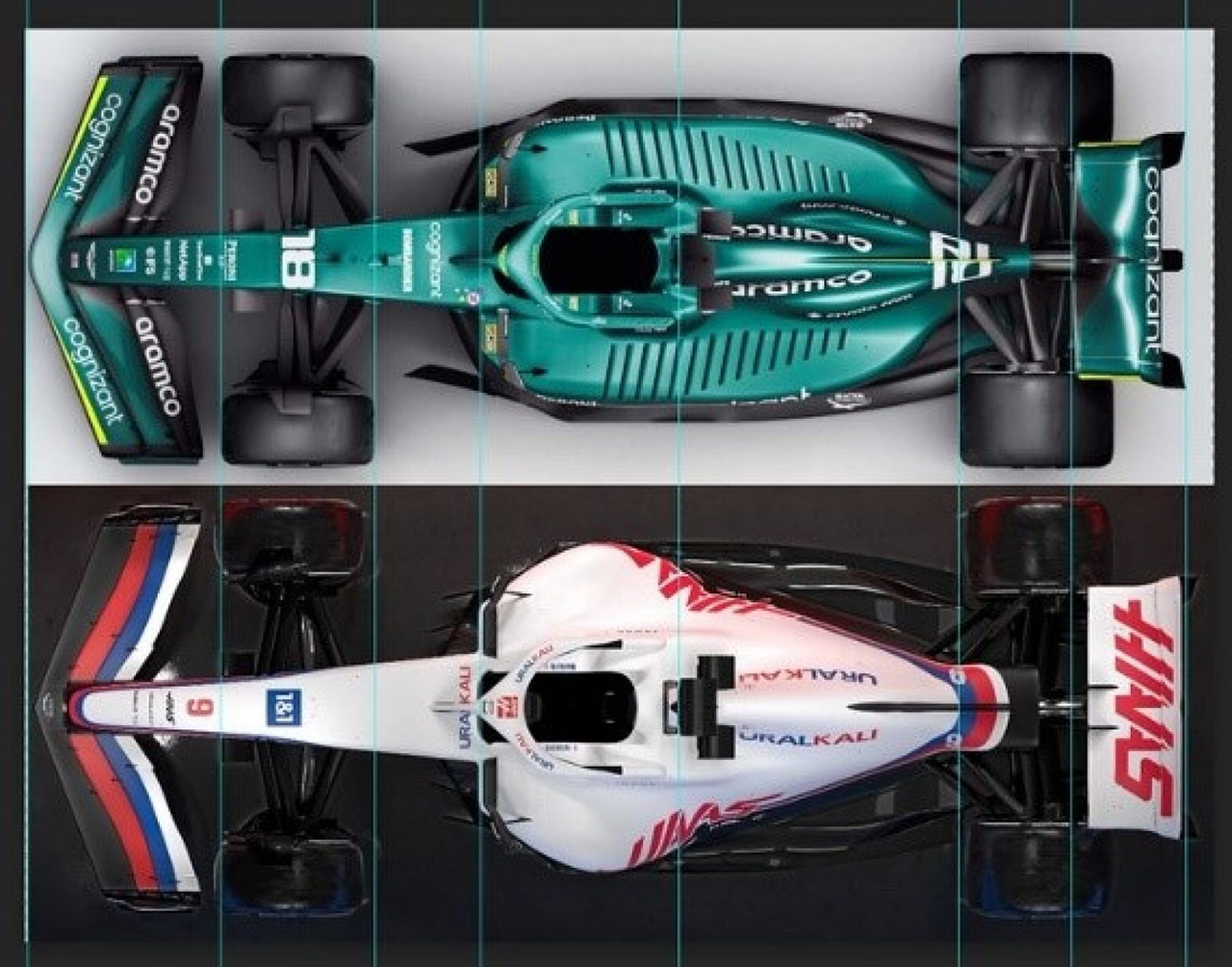 アストンマーティン AMR22(上)とハース VF-22(下)のサイドプロファイル