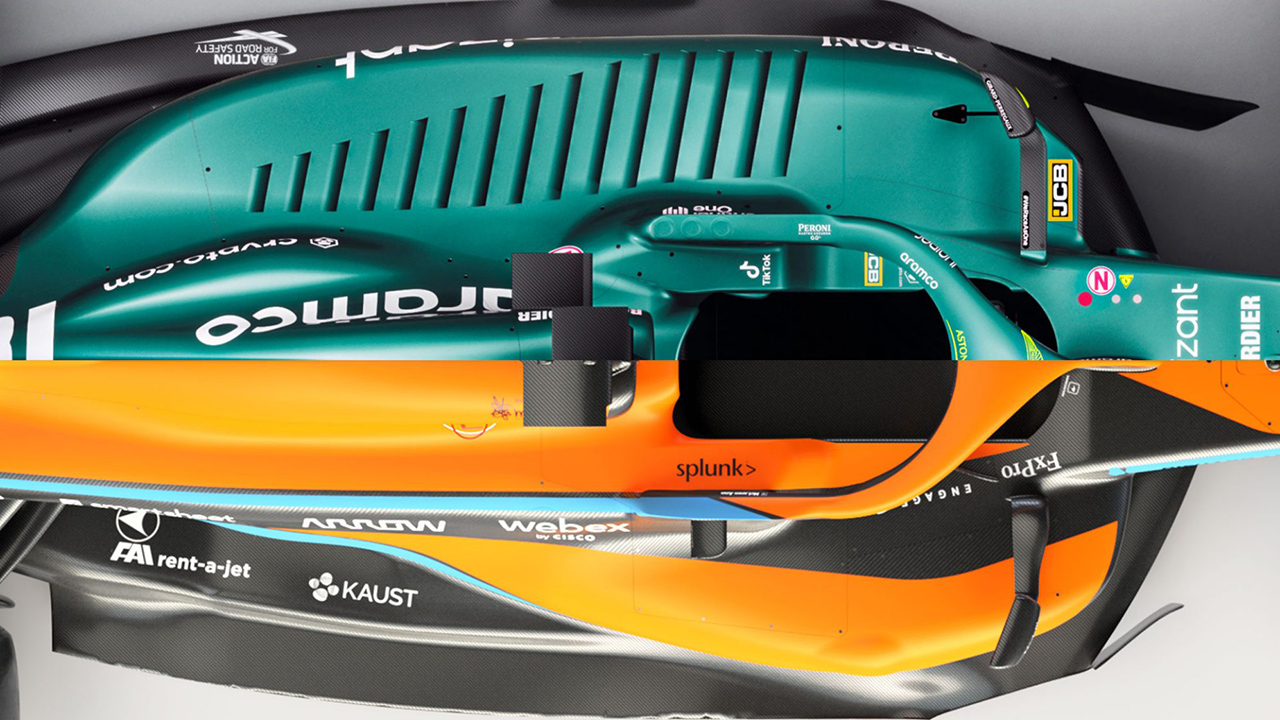 アストンマーティン AMR22(上)とマクラーレン MCL36(下)のエンジン周りの処理