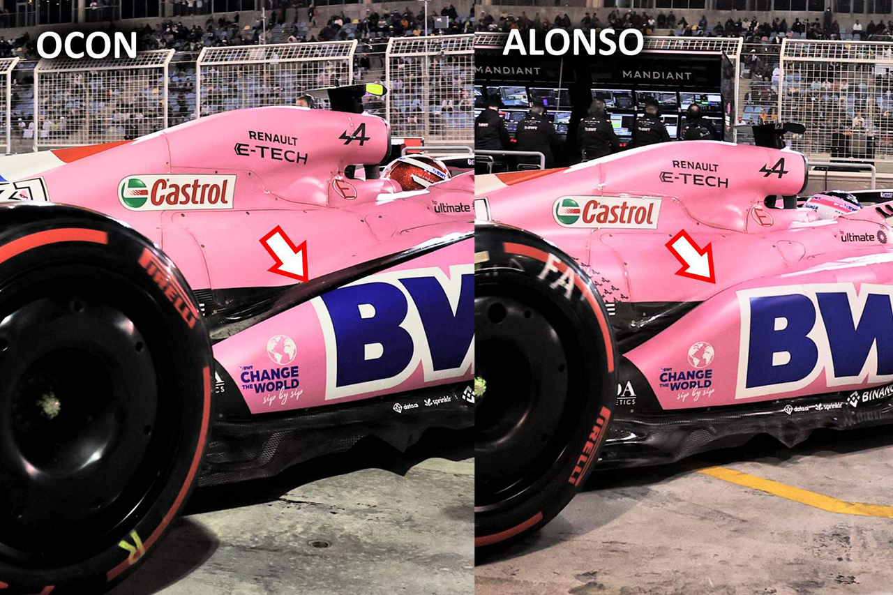 フェルナンド・アロンソとエステバン・オコン アルピーヌF1チーム サイドポッドの比較