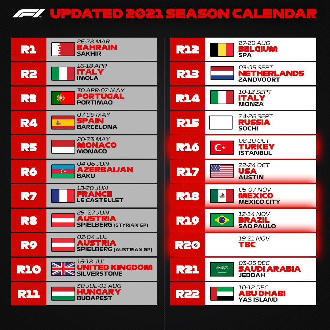 F1、日本GP中止で22戦に縮小の2021年改訂版F1カレンダーを発表