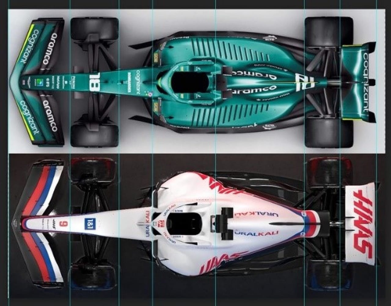 アストンマーティン AMR22(上)とハース VF-22(下)のサイドプロファイル
