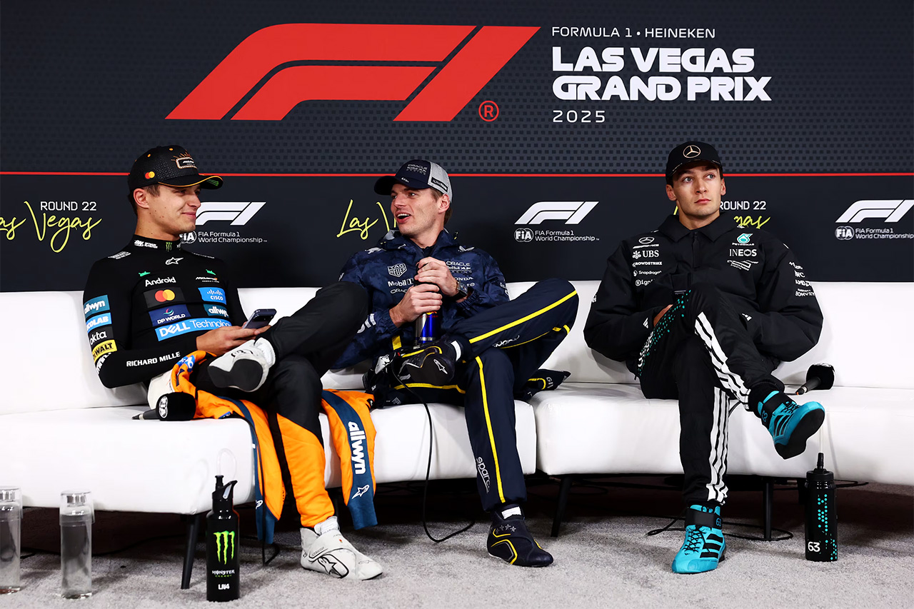F1ラスベガスGP 決勝：トップ3記者会見 – フェルスタッペン、ノリス、ラッセル