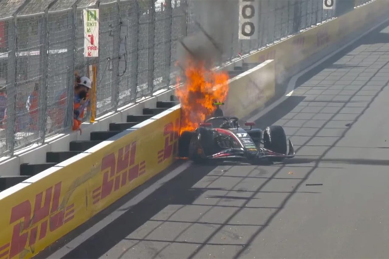 F1初開催マドリンクでF2炎上クラッシュ 燃料タンク破裂で赤旗